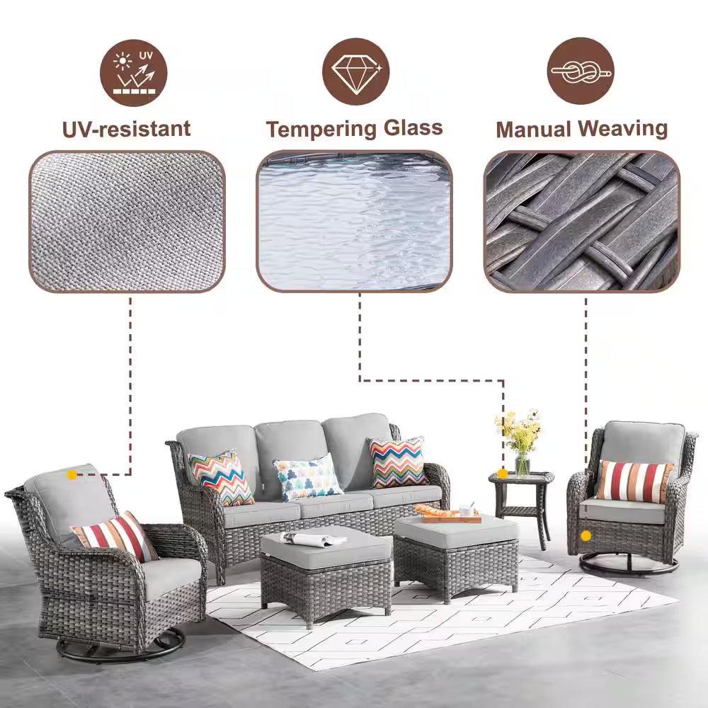 Moonlight Gray 6-Piece Wicker Patio Conversation Seating Sofa Set with Gray Cushions and Swivel Rocking Chairs