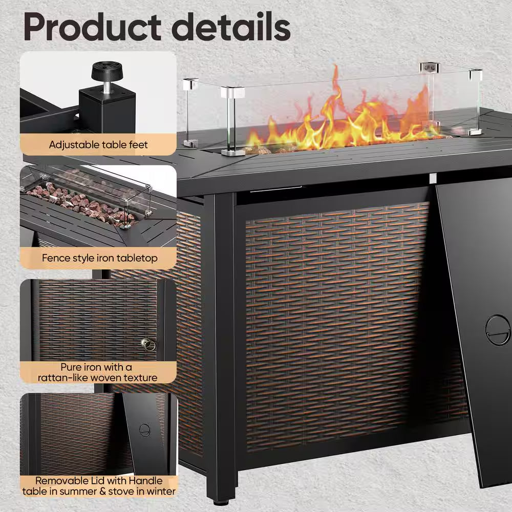 Pure Iron Series 43 In. 50000 BTU Square Brown Rattan Propane Outdoor Fire Pit Table with Windshield