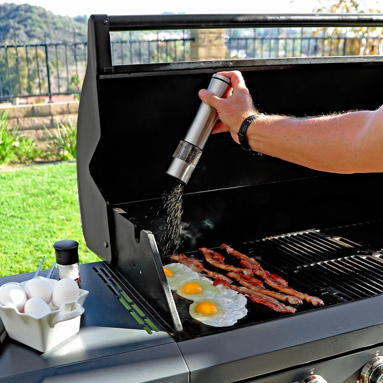 Brand-Man 6-Burner Gas Outdoor Kitchen Grill Island with Side Burner - 72,000 BTU Stainless Steel BBQ Grill Station with Storage Cabinets, Fold-Out Prep Table, LPG/NG Convertible, Gray