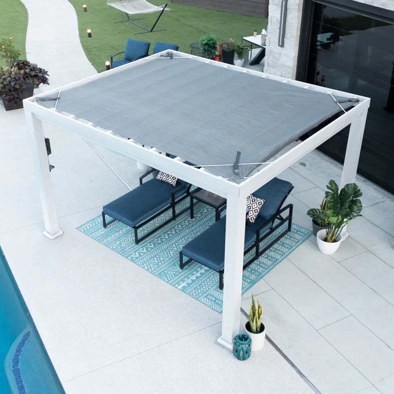 Windham 14' X 10' Modern Galvanized Steel Outdoor Patio Pergola Kit with Shade Sail Canopy and Powerport