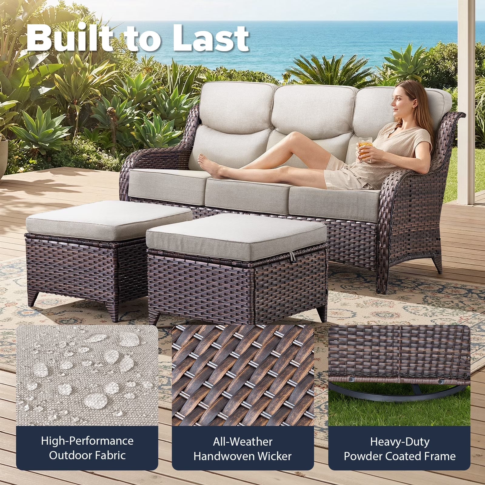 9 Pieces Patio Furniture Sets with Fire Pit Table,Swivel Chairs with 6" Thick Cushion,Sofa and Ottomans,Patio Conversation Sets for Porch Deck Garden Backyard
