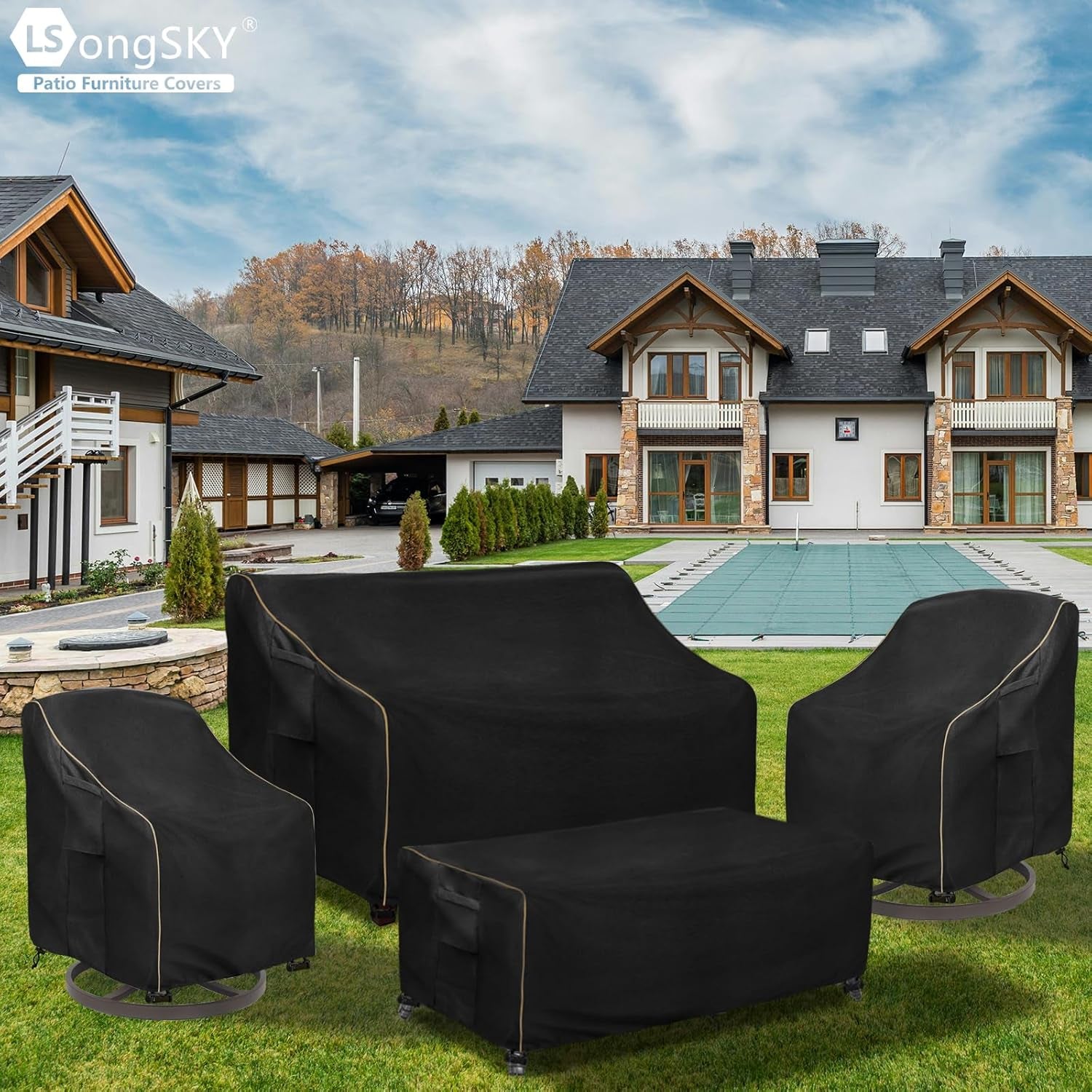 Patio Furniture Covers 4 Piece Set, 600D Heavy Duty Outdoor Furniture Covers Waterproof for Patio Loveseat, Swivel Rocker Chair and Coffee Table,Black