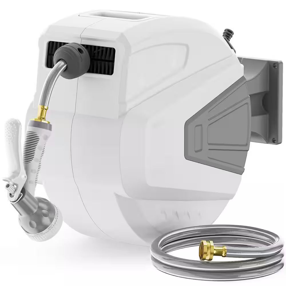 Slow Return Wall Mounted Hose Reel with 1/2 In. X 100 Ft. Retractable Hose 9 Pattern Sprayer 180° Swivel Bracket