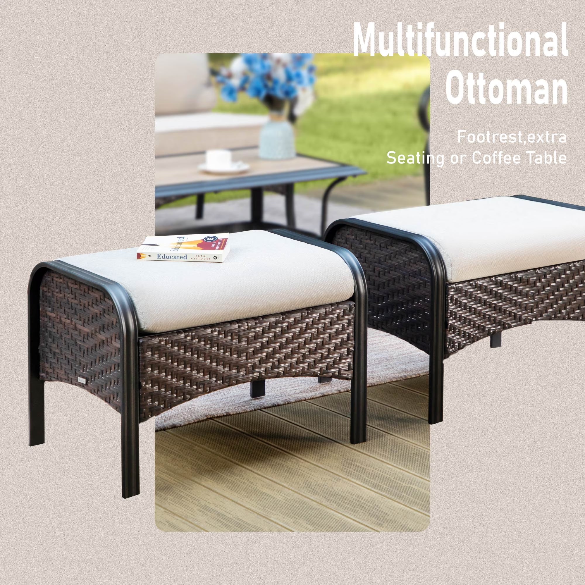 9-Seat Outdoor Patio Furniture Set with 56” Fire Pit Table, Patio Fire Pit Set with Rocking Chairs & Ottomans, 8-Piece Outdoor Conversation Set, Beige
