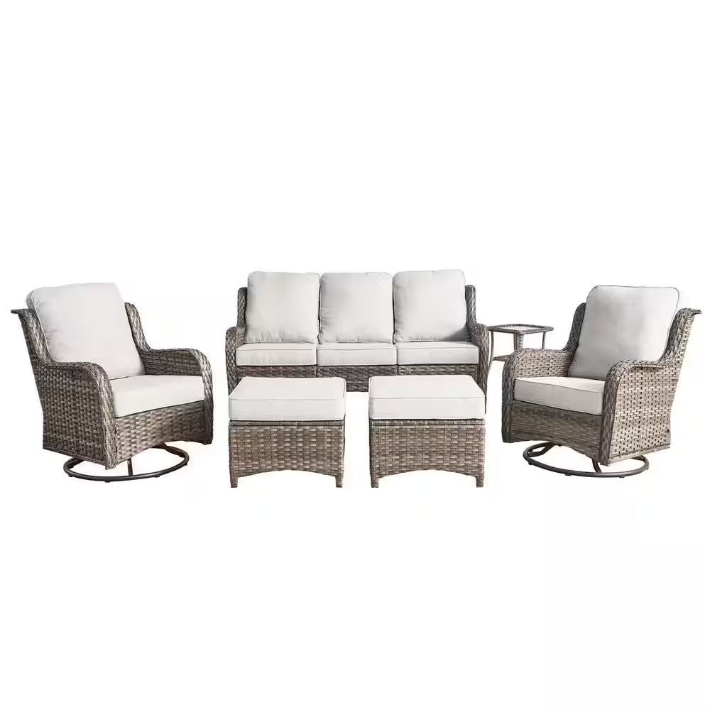 Moonlight Gray 6-Piece Wicker Patio Conversation Seating Sofa Set with Gray Cushions and Swivel Rocking Chairs
