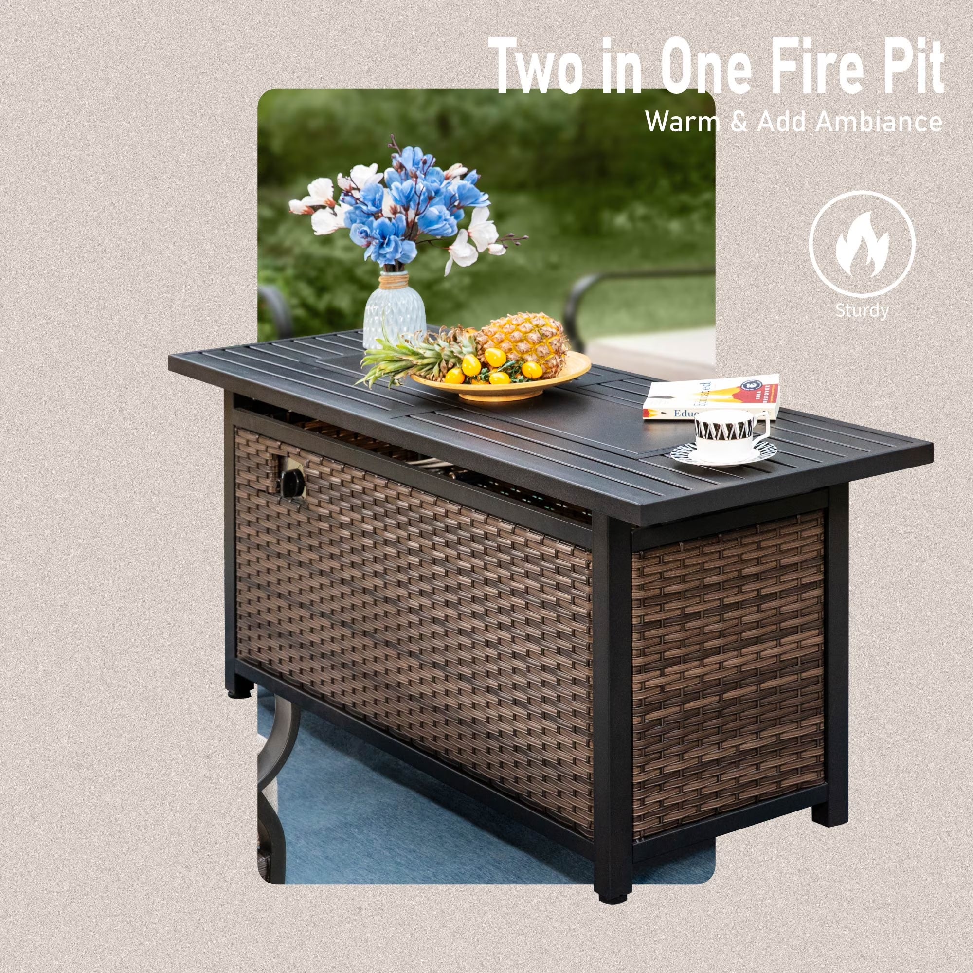 9-Seat Outdoor Patio Furniture Set with 56” Fire Pit Table, Patio Fire Pit Set with Rocking Chairs & Ottomans, 8-Piece Outdoor Conversation Set, Beige