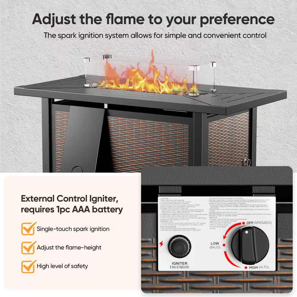 Pure Iron Series 43 In. 50000 BTU Square Brown Rattan Propane Outdoor Fire Pit Table with Windshield