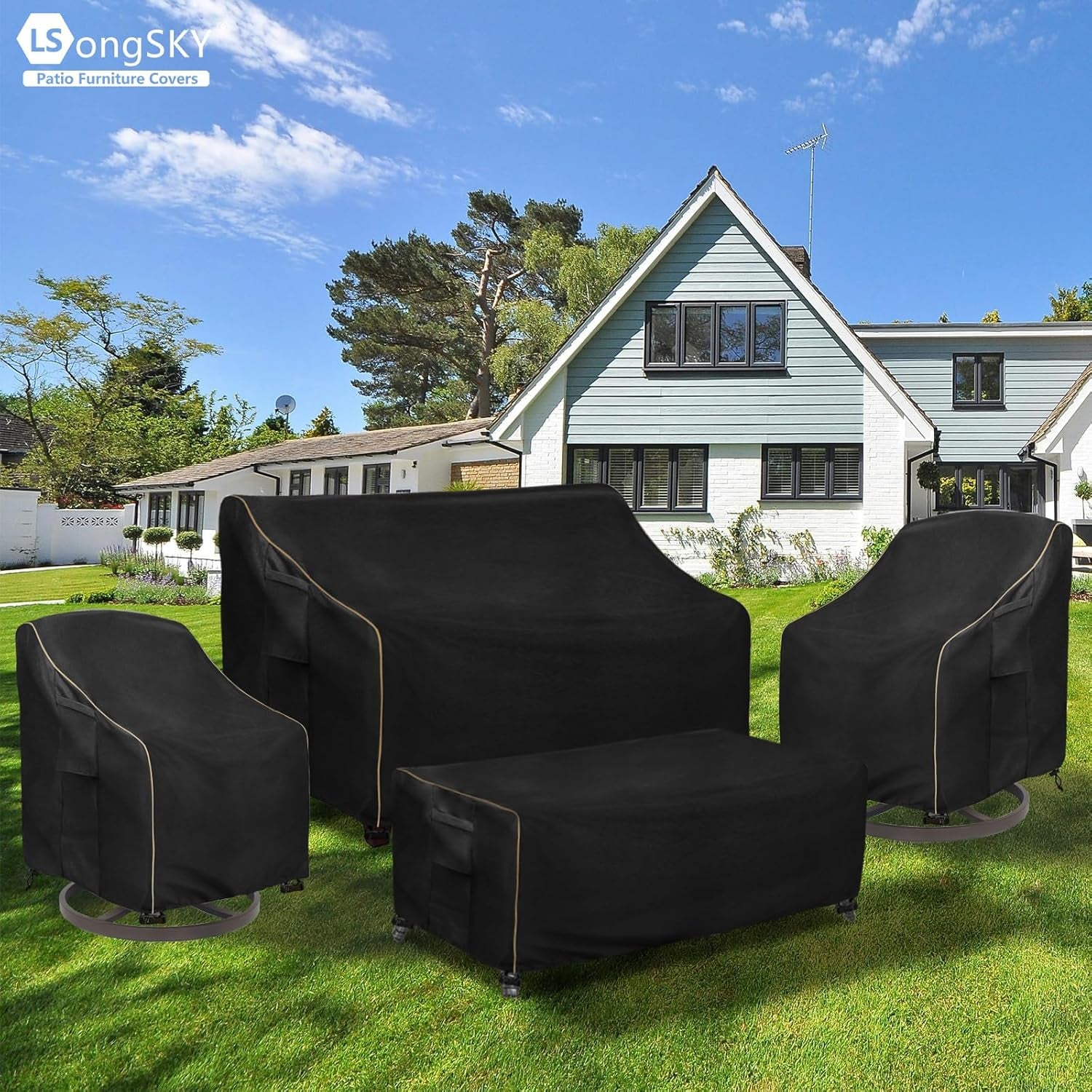 Patio Furniture Covers 4 Piece Set, 600D Heavy Duty Outdoor Furniture Covers Waterproof for Patio Loveseat, Swivel Rocker Chair and Coffee Table,Black