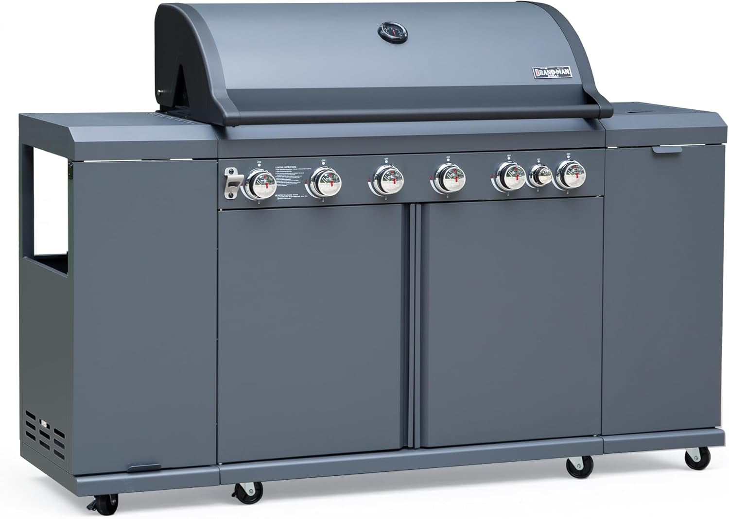 Brand-Man 6-Burner Gas Outdoor Kitchen Grill Island with Side Burner - 72,000 BTU Stainless Steel BBQ Grill Station with Storage Cabinets, Fold-Out Prep Table, LPG/NG Convertible, Gray