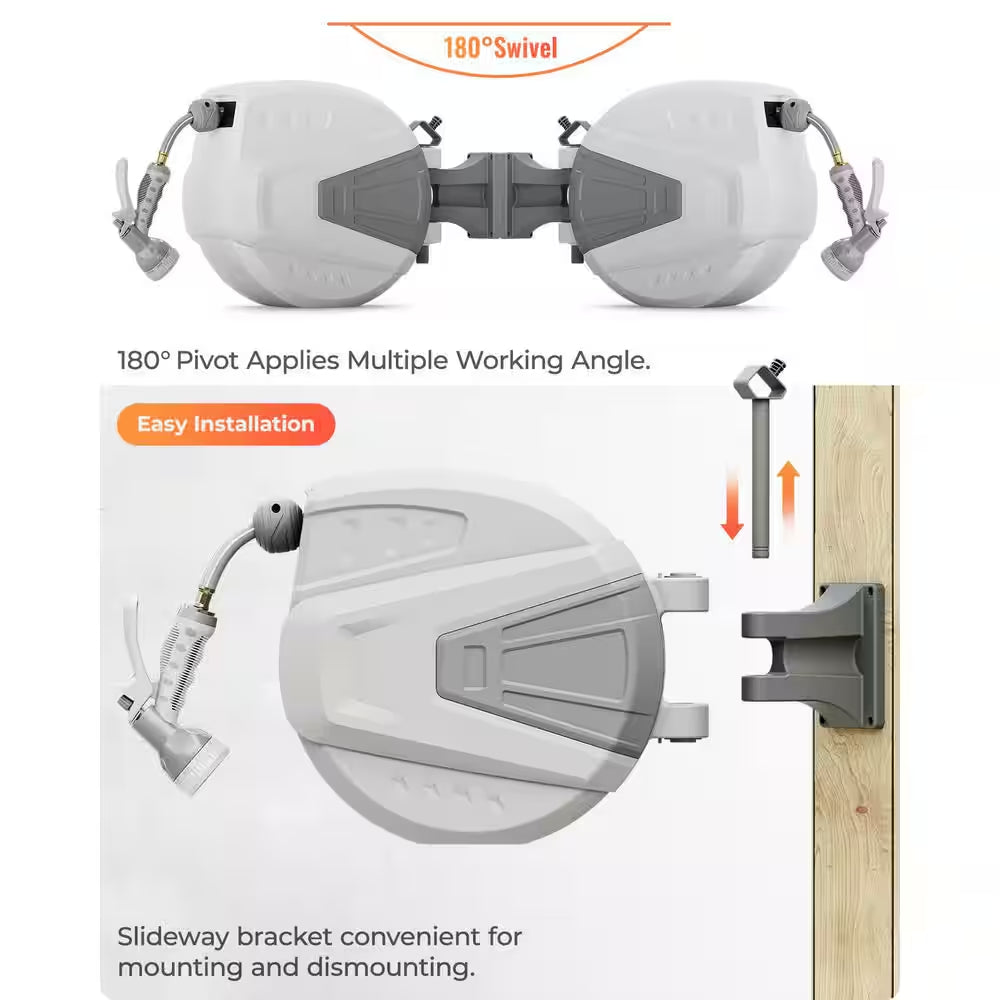 Slow Return Wall Mounted Hose Reel with 1/2 In. X 100 Ft. Retractable Hose 9 Pattern Sprayer 180° Swivel Bracket