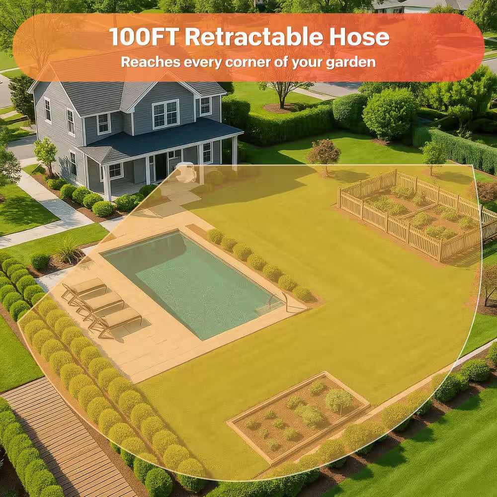Slow Return Wall Mounted Hose Reel with 1/2 In. X 100 Ft. Retractable Hose 9 Pattern Sprayer 180° Swivel Bracket