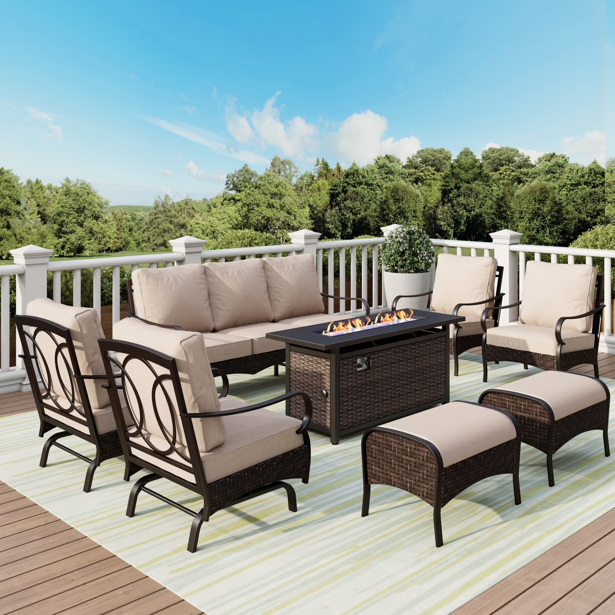 9-Seat Outdoor Patio Furniture Set with 56” Fire Pit Table, Patio Fire Pit Set with Rocking Chairs & Ottomans, 8-Piece Outdoor Conversation Set, Beige