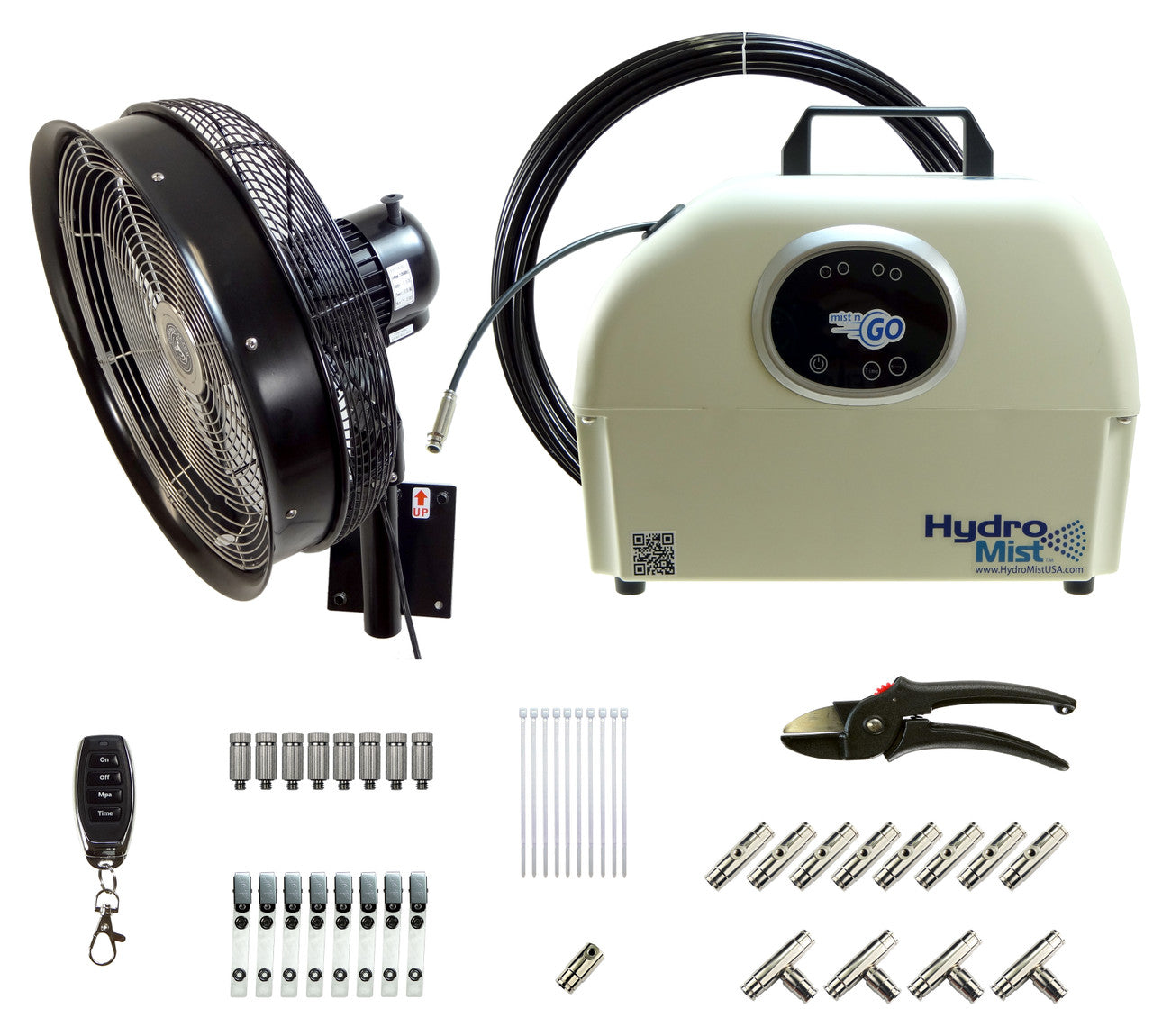 HydroMist USA DIY Mist-N-Go Pump w/ 8 Nozzle Mist Line Kit and 18-Inch Outdoor-Rated Fan Bundle