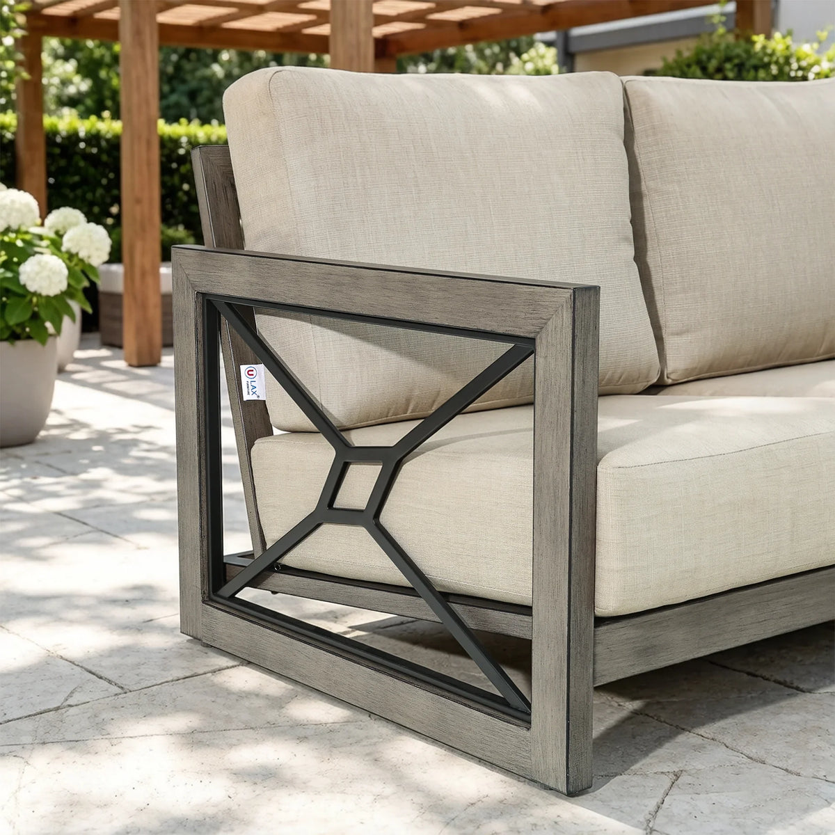 Peak Home Furnishings Marindo 6-Piece Faux-Wood Aluminum Patio Deep Seating Set with Fire Pit Table
