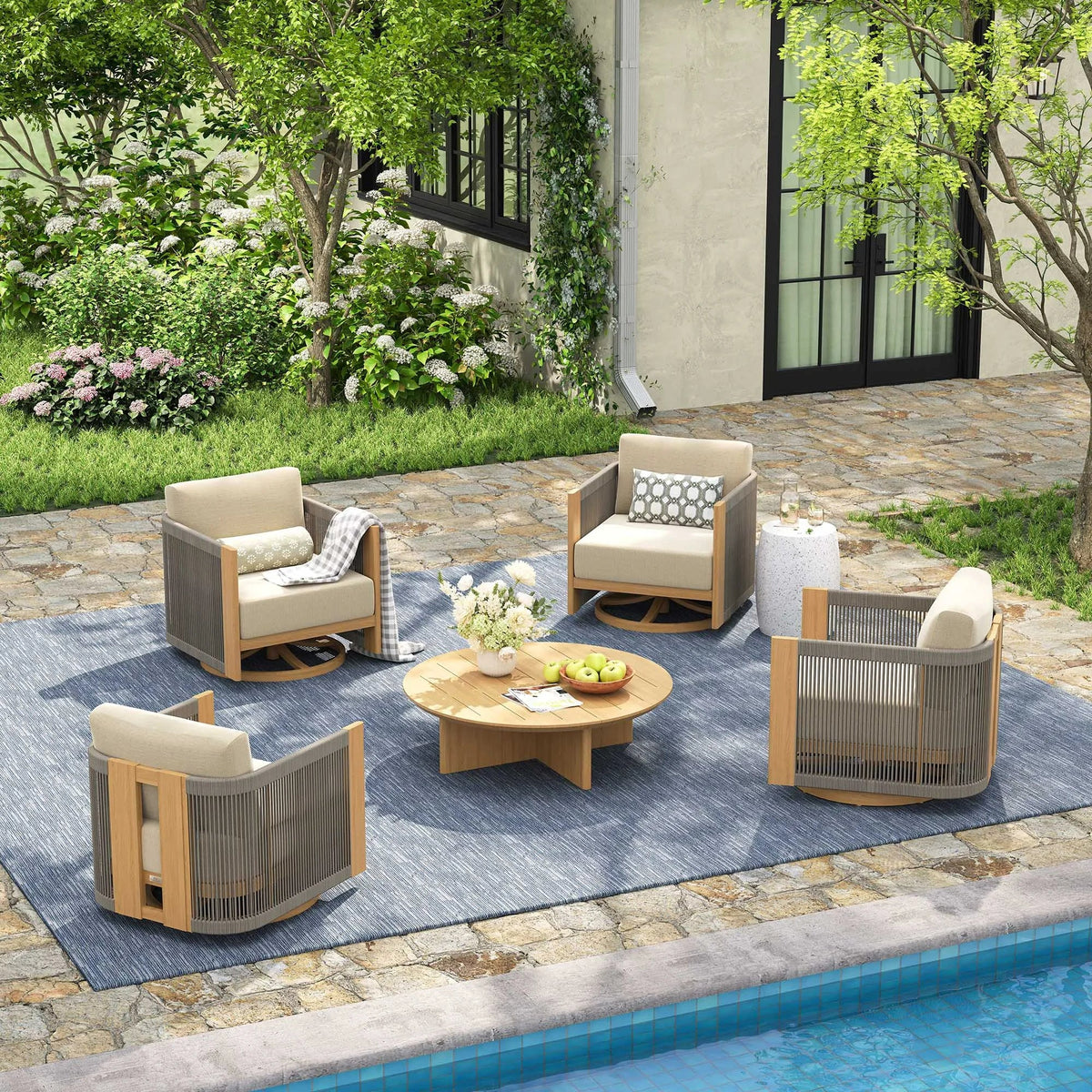 Peak Home Furnishings Positano 5-Piece Swivel Patio Conversation Set with Sunbrella® Cushions