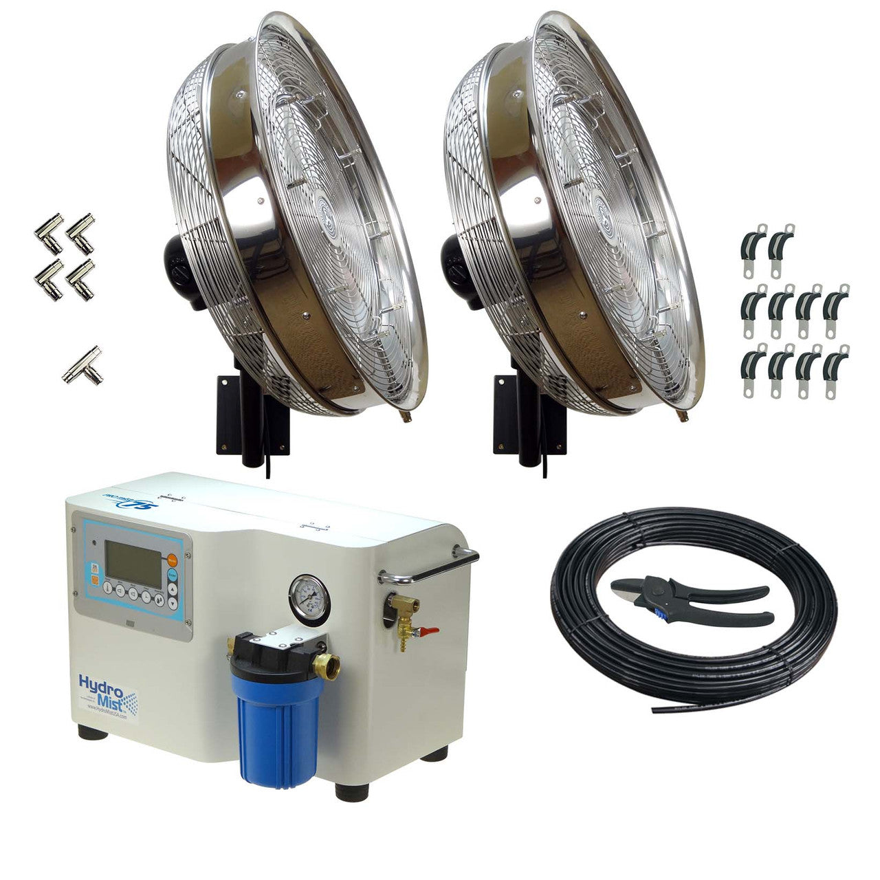 HydroMist USA Two Misting Fan Package - Stainless Steel 24 Inch, 1000 PSI ProMist 75 Pump