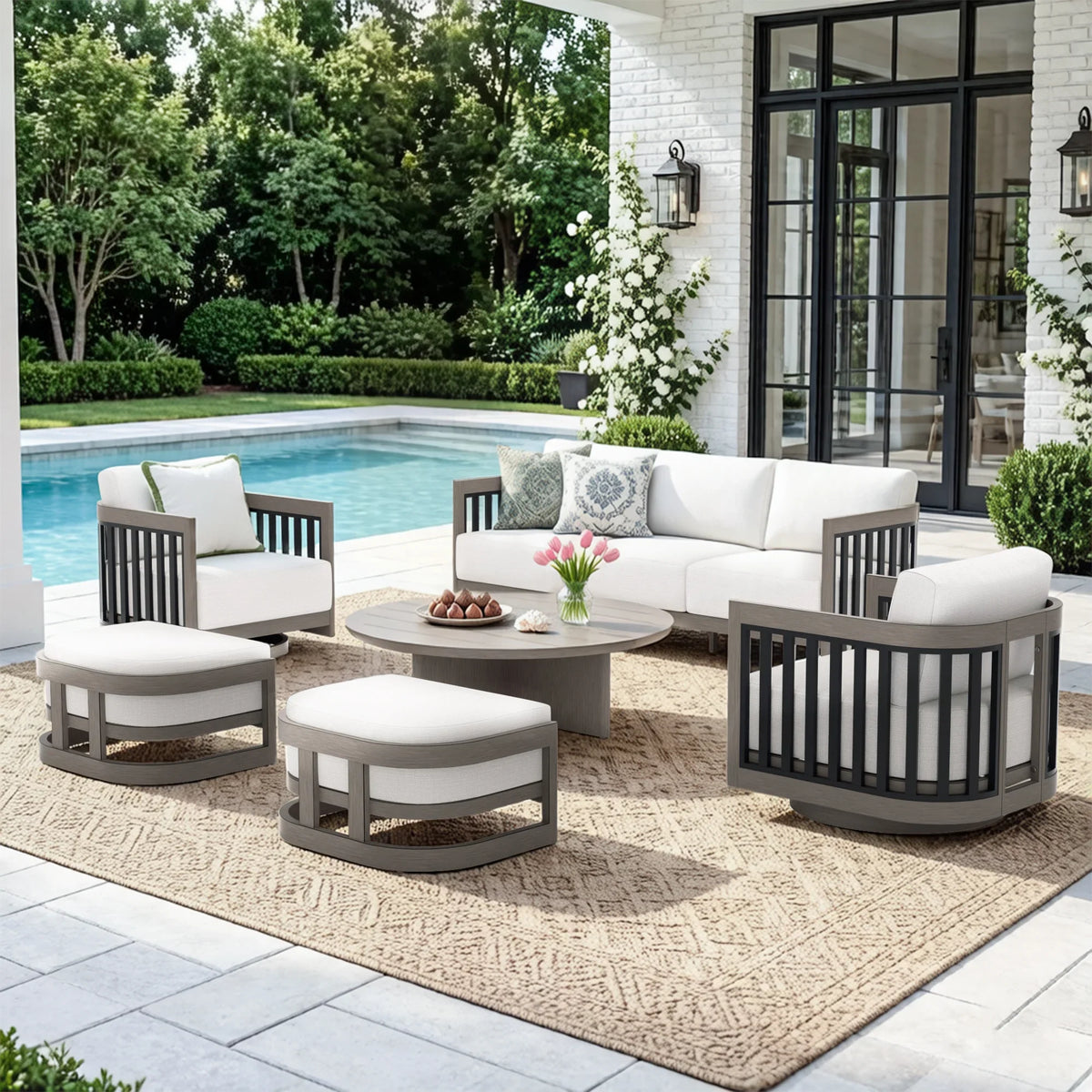 Peak Home Furnishings Sereno 6-Piece Swivel Aluminum Patio Conversation Set with Ottoman
