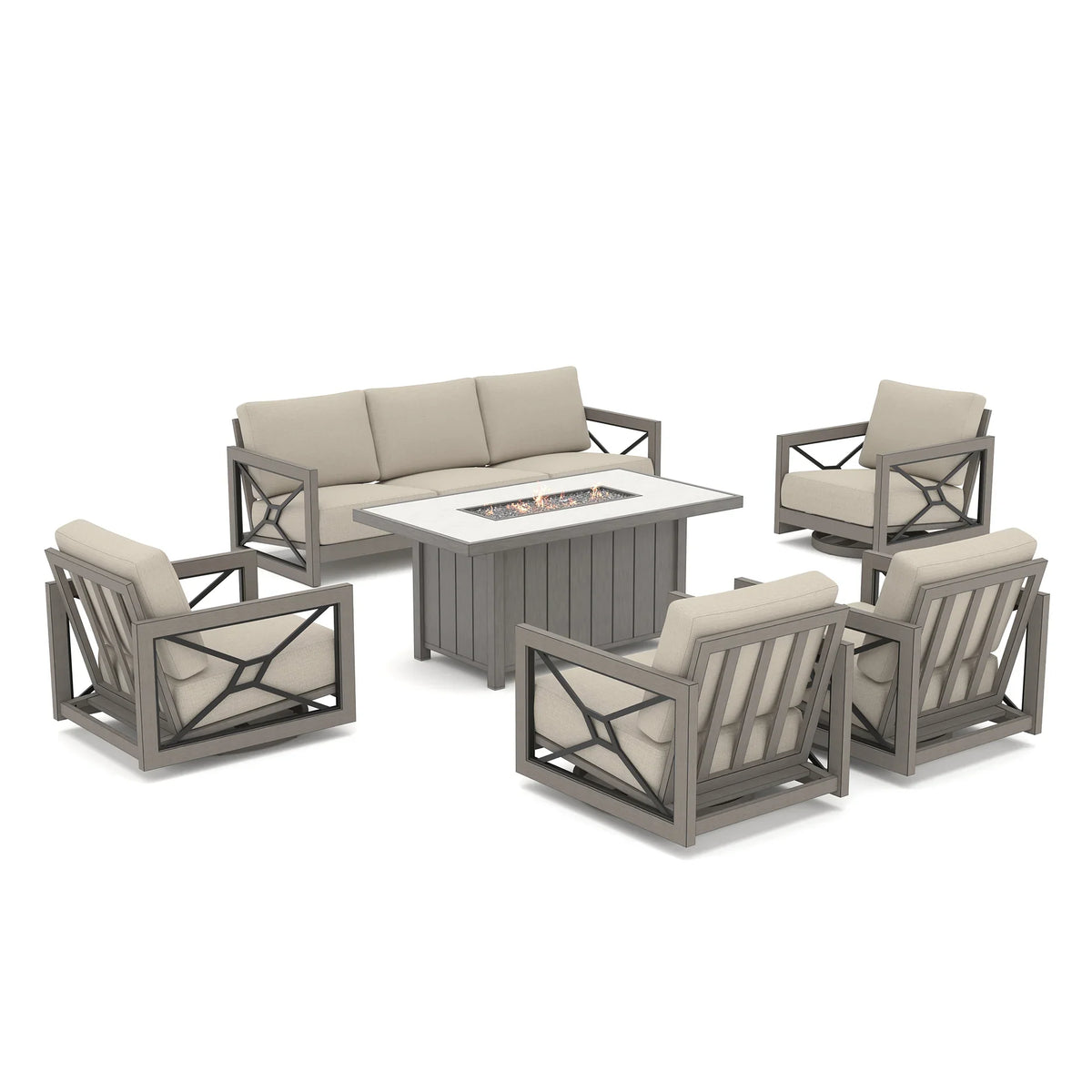 Peak Home Furnishings Marindo 6-Piece Faux-Wood Aluminum Swivel Patio Deep Seating Set with Fire Pit Table