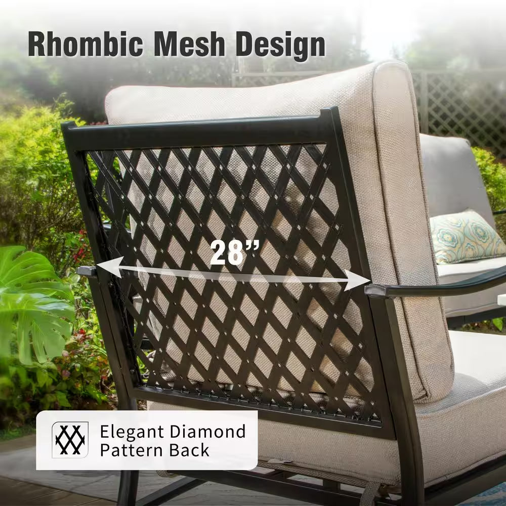 Black Metal Meshed 7 Seat 6-Piece Steel Outdoor Fire Pit Patio Set with Beige Cushions, Black Rectangular Fire Pit Table