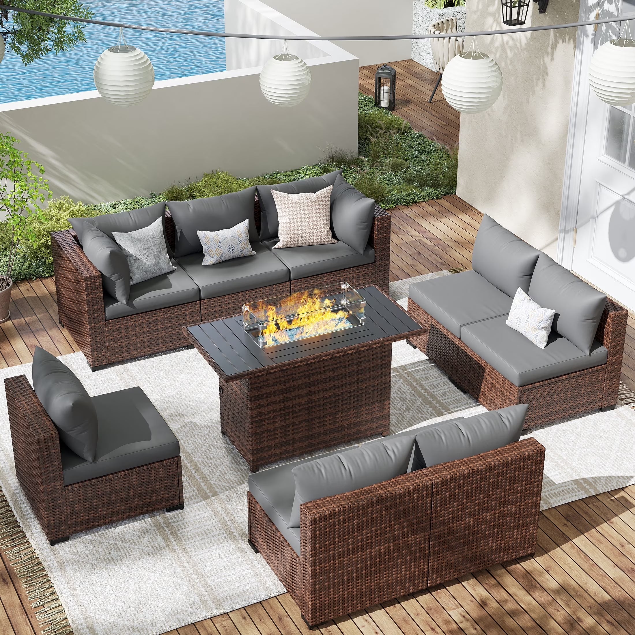 Patio Furniture Set, Outdoor Patio Furniturewicker Sectional Furniture Set, 7 Pieces Outdoor Sectional Sofa with Fire Pit Table, Outdoor Patio Furniture Set for Outdoor Furniture (Navy Blue)