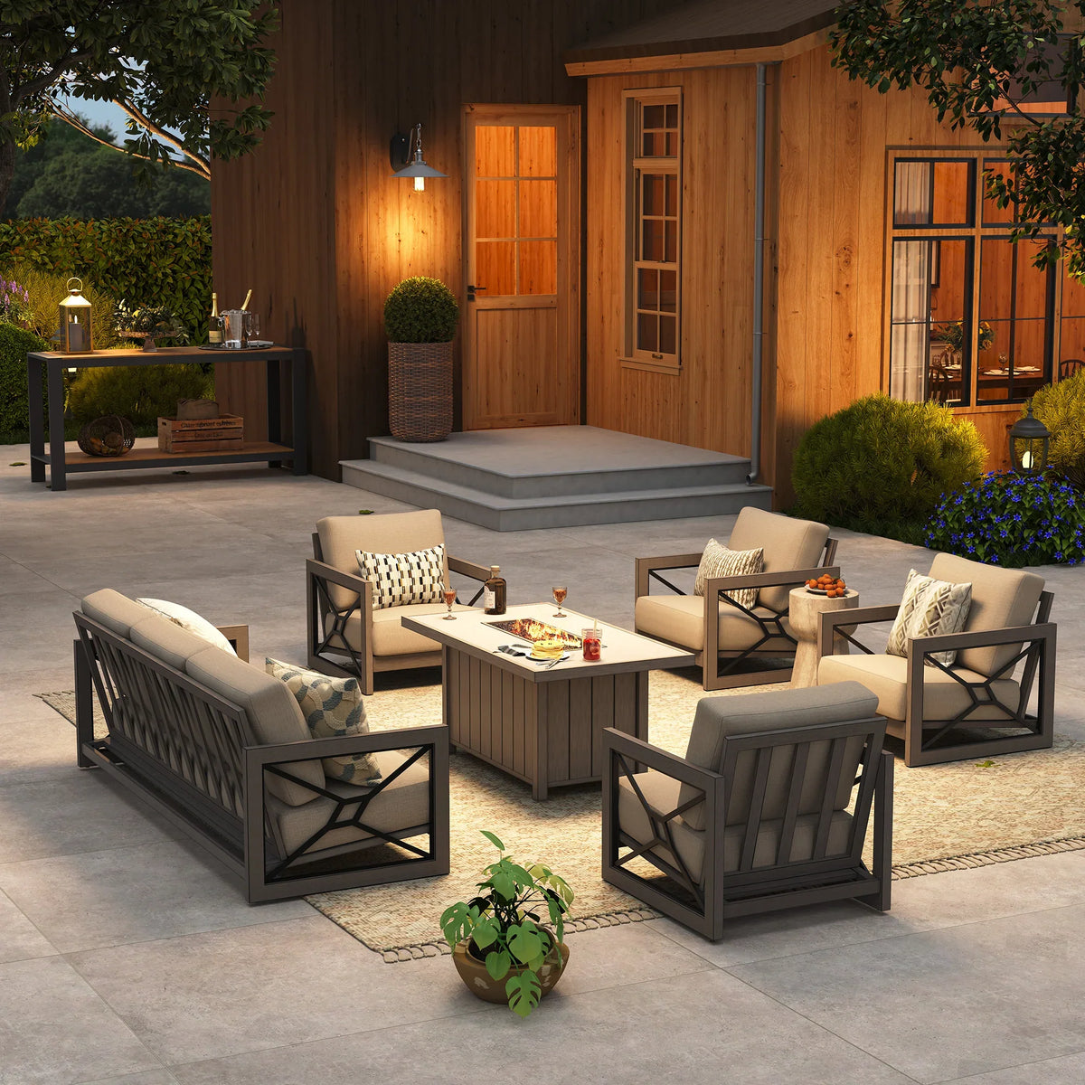 Peak Home Furnishings Marindo 6-Piece Faux-Wood Aluminum Patio Deep Seating Set with Fire Pit Table