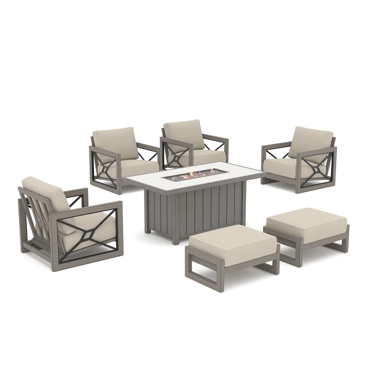 Peak Home Furnishings Marindo 7-Piece Aluminum Multi-Flex Fire Chat Suite with Ottomans