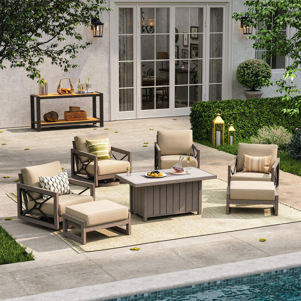 Peak Home Furnishings Marindo 7-Piece Aluminum Patio Conversational Swivel Eco-Lounge with Fire Table