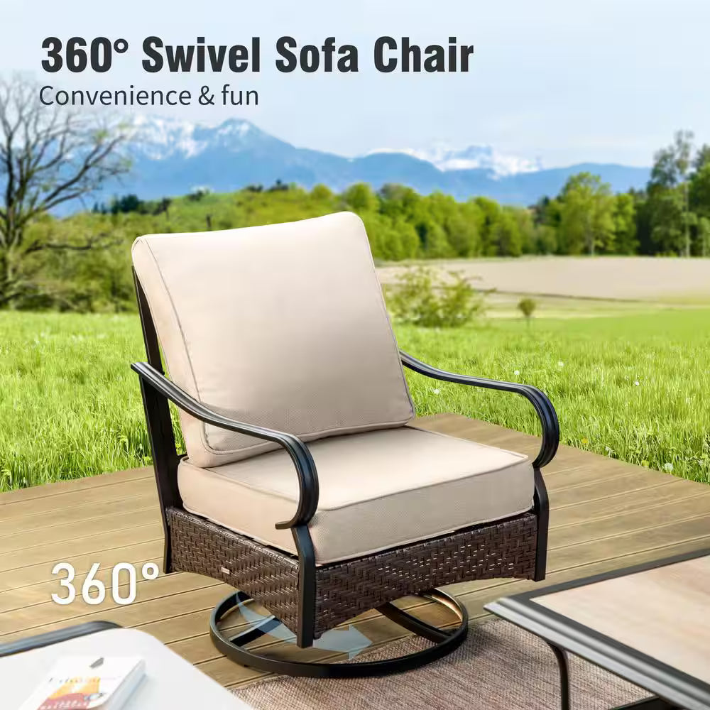 Rattan 9 Seat 8-Piece Outdoor Patio Metal Conversation Set with Beige Cushions, Swivel Chairs and Fire Pit Table
