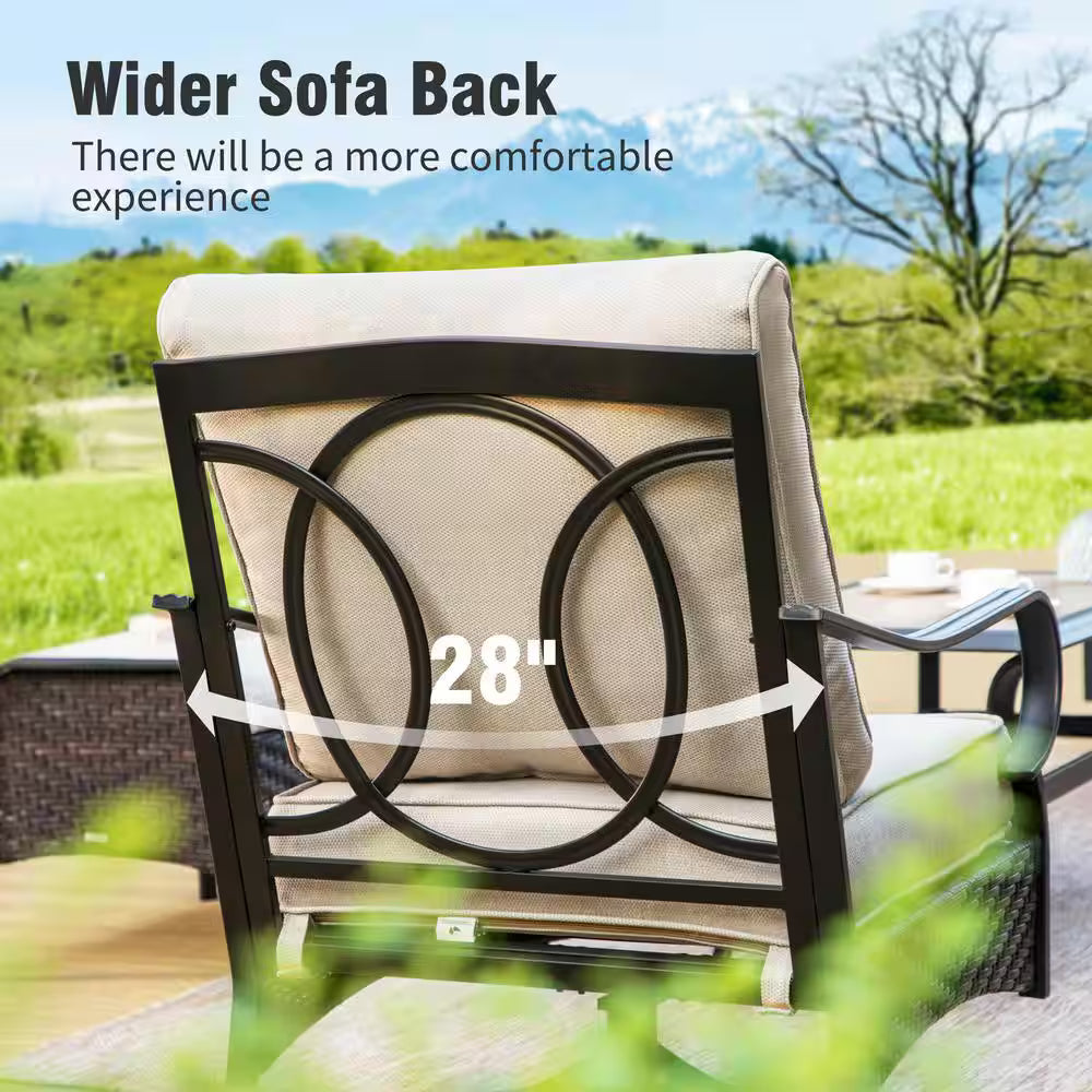 Rattan 9 Seat 8-Piece Outdoor Patio Metal Conversation Set with Beige Cushions, Swivel Chairs and Fire Pit Table