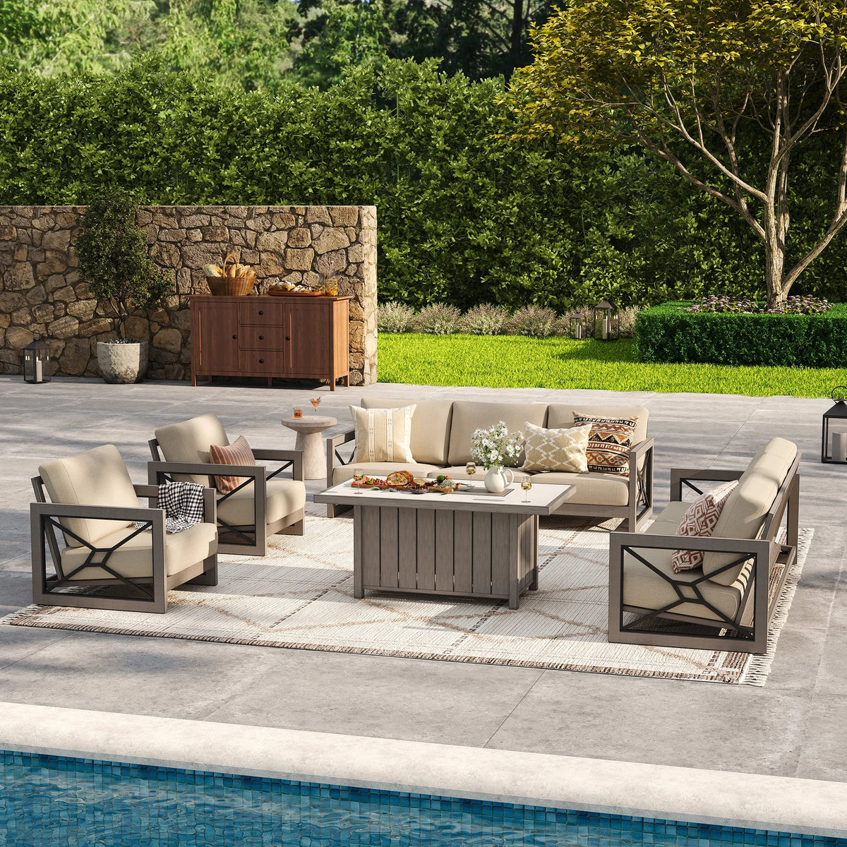 Peak Home Furnishings Marindo 8-Person Faux-Wood Aluminum Patio Outdoor Salon with Fire Pit Table