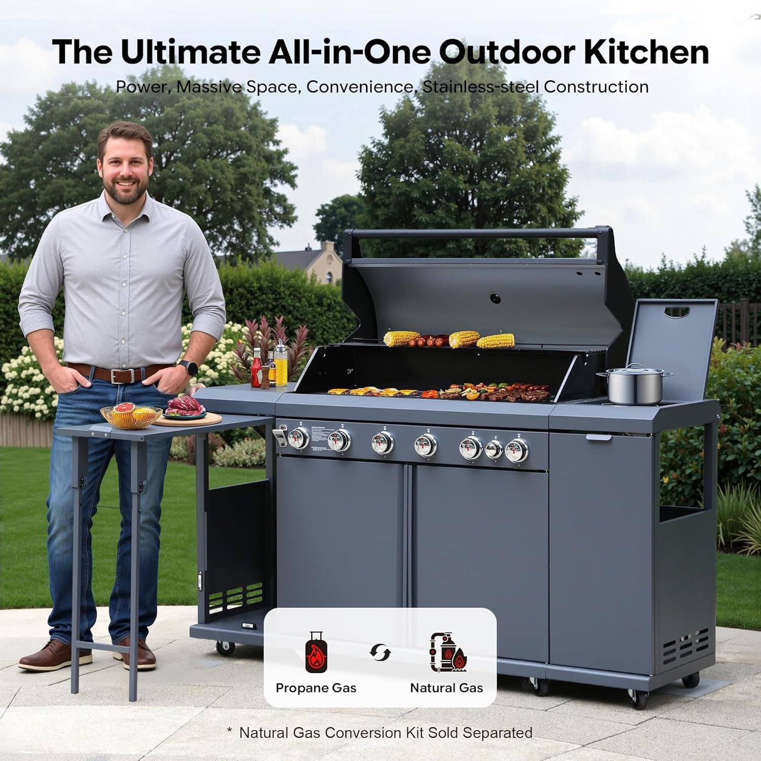 Brand-Man 6-Burner Gas Outdoor Kitchen Grill Island with Side Burner - 72,000 BTU Stainless Steel BBQ Grill Station with Storage Cabinets, Fold-Out Prep Table, LPG/NG Convertible, Gray