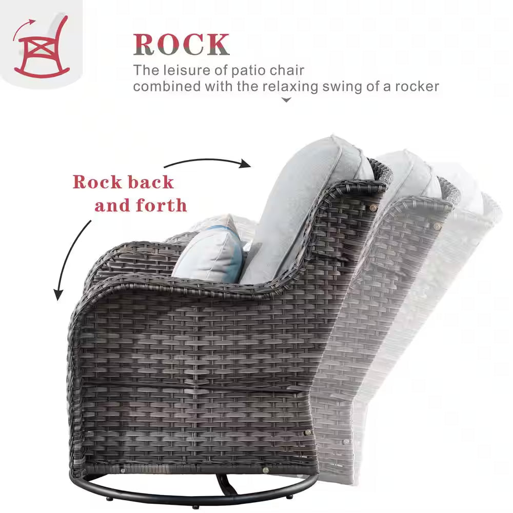 Moonlight Gray 6-Piece Wicker Patio Conversation Seating Sofa Set with Gray Cushions and Swivel Rocking Chairs