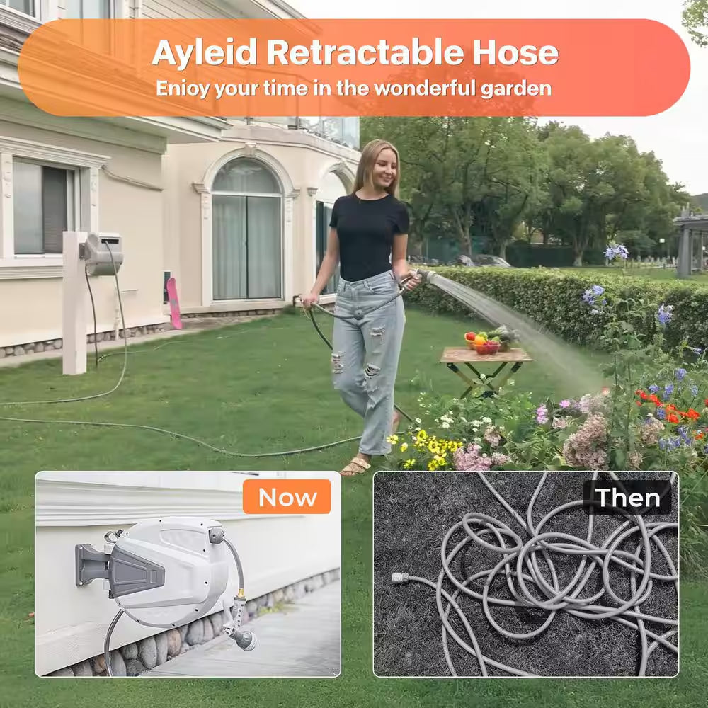 Slow Return Wall Mounted Hose Reel with 1/2 In. X 100 Ft. Retractable Hose 9 Pattern Sprayer 180° Swivel Bracket