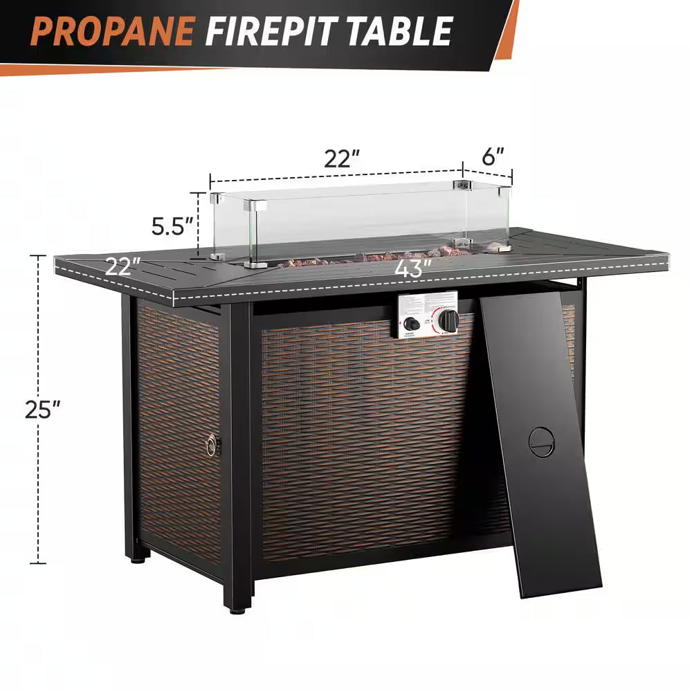 Pure Iron Series 43 In. 50000 BTU Square Brown Rattan Propane Outdoor Fire Pit Table with Windshield