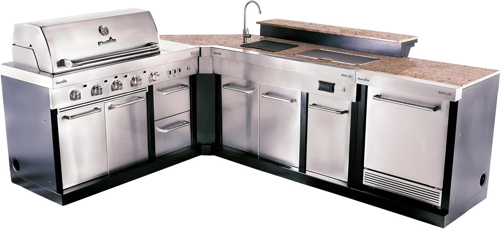 Charbroil Medallion Series Modular Outdoor Kitchen the Entertainer Bundle with Amplifire 3-Burner Gas Grill, Entertainment Module, Refrigerator, Bar Top and Corner Module