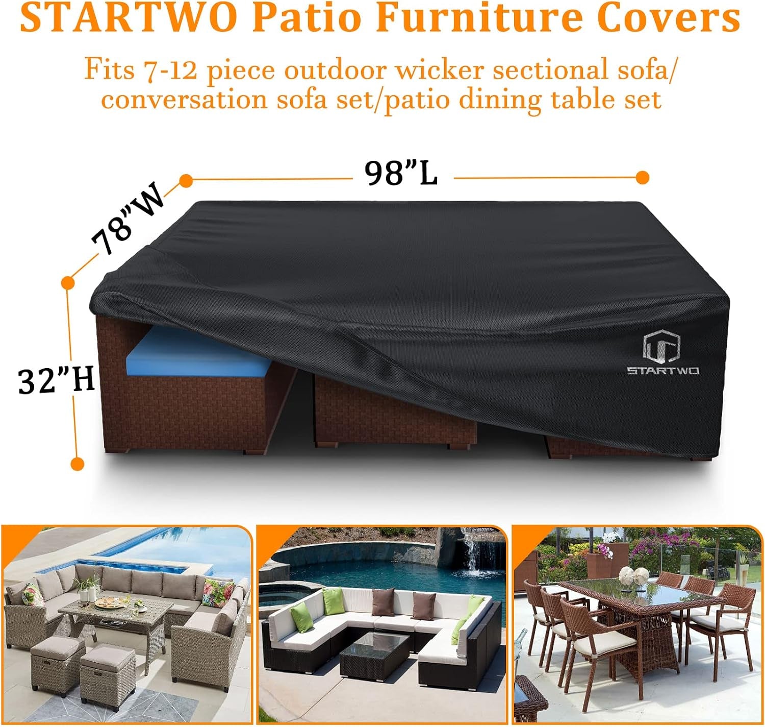 Patio Furniture Covers Waterproof, Anti-Uv Tear-Resistant 500D Heavy Duty 7-12 Seats Outdoor Furniture Cover for Sectional Sofa, Patio Table Cover, 98"X78"X28", Black