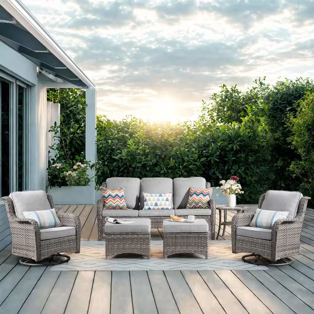Moonlight Gray 6-Piece Wicker Patio Conversation Seating Sofa Set with Gray Cushions and Swivel Rocking Chairs