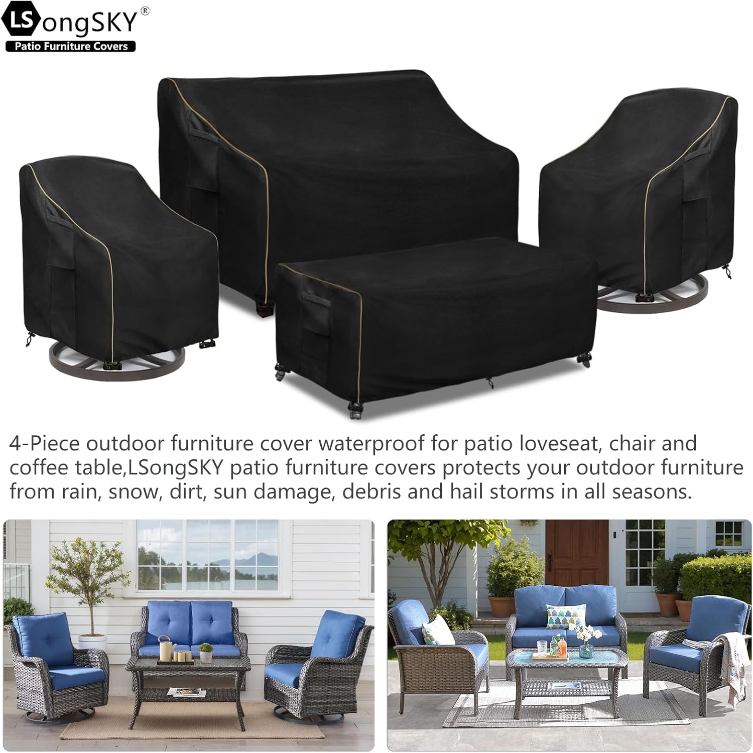 Patio Furniture Covers 4 Piece Set, 600D Heavy Duty Outdoor Furniture Covers Waterproof for Patio Loveseat, Swivel Rocker Chair and Coffee Table,Black