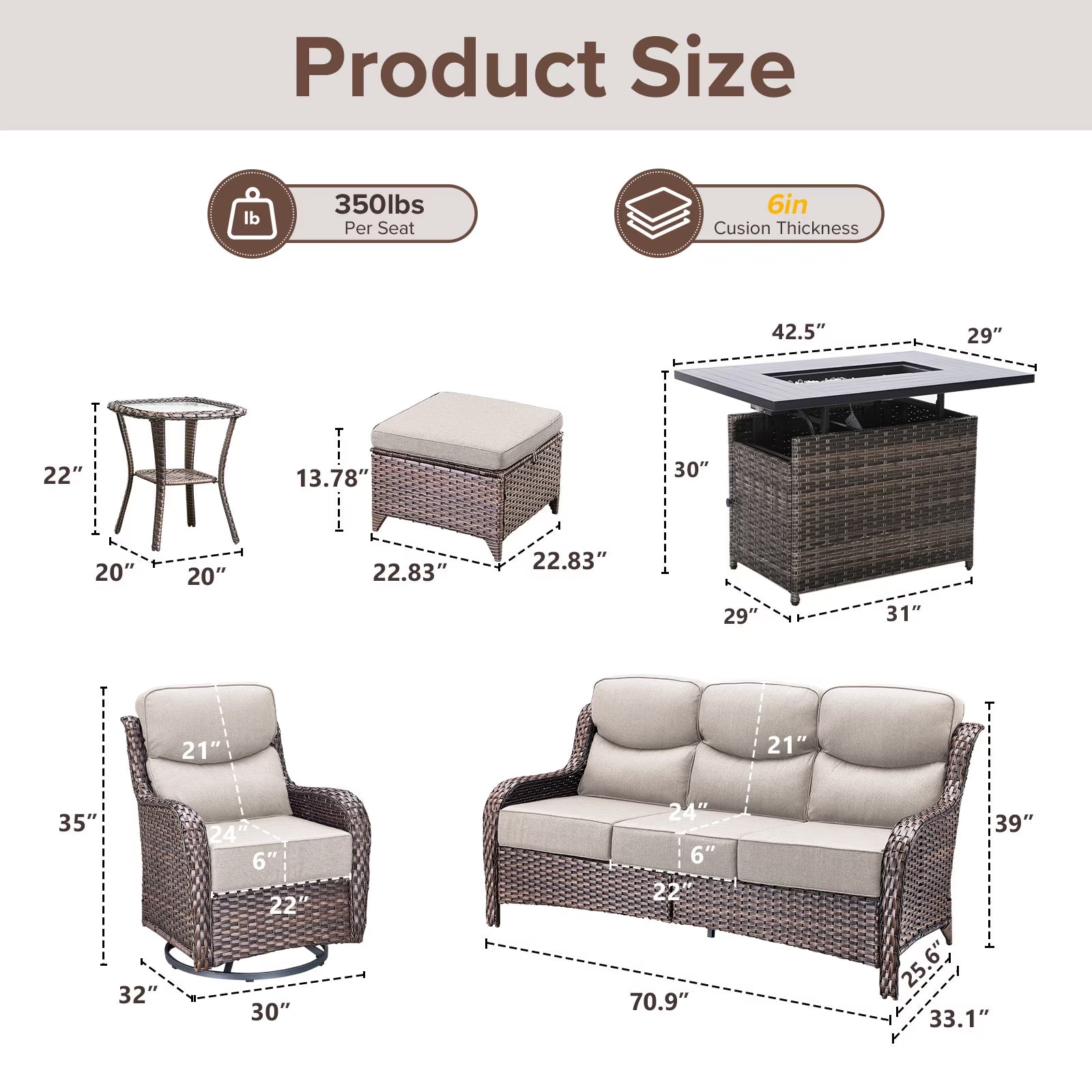 9 Pieces Patio Furniture Sets with Fire Pit Table,Swivel Chairs with 6" Thick Cushion,Sofa and Ottomans,Patio Conversation Sets for Porch Deck Garden Backyard