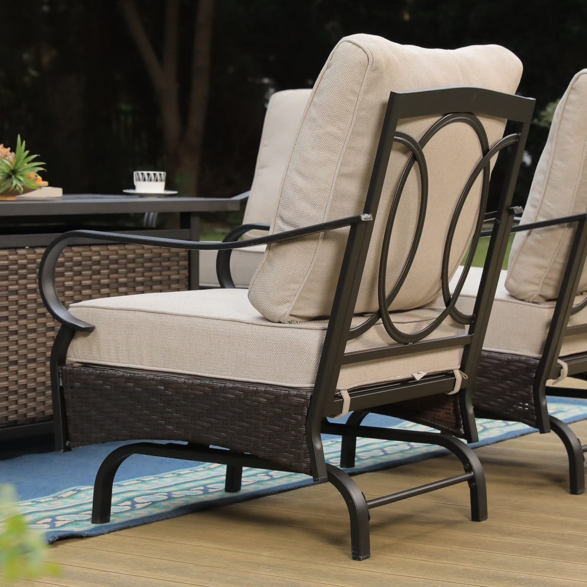 9-Seat Outdoor Patio Furniture Set with 56” Fire Pit Table, Patio Fire Pit Set with Rocking Chairs & Ottomans, 8-Piece Outdoor Conversation Set, Beige