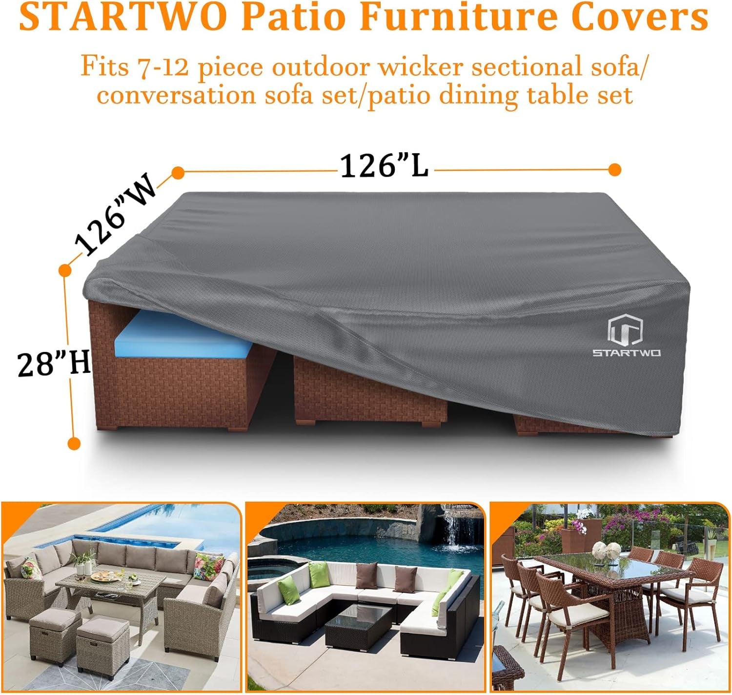 Patio Furniture Covers Waterproof Outdoor Lawn Furniture Set Cover for 7-12 Piece Sectional Sofa, Conversation Set Garden Dining Tables Chairs,Grey