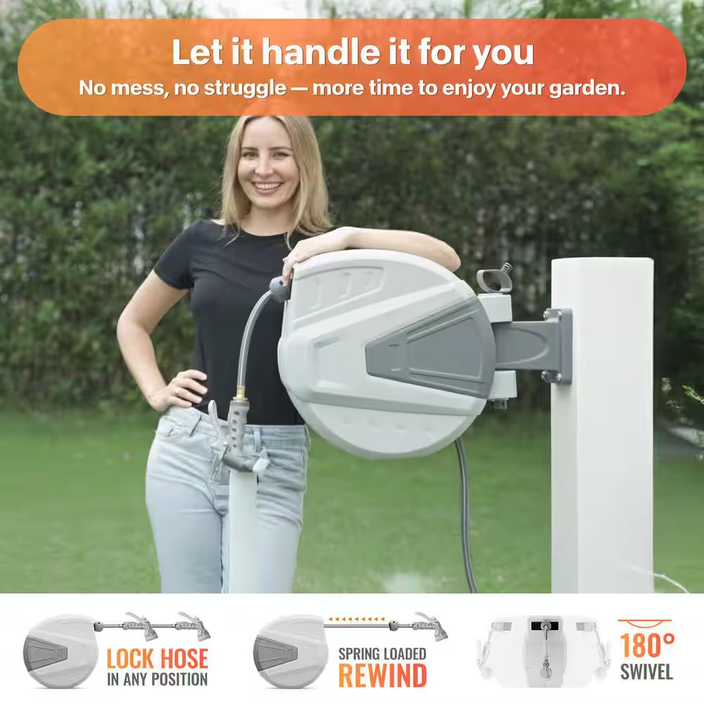 Slow Return Wall Mounted Hose Reel with 1/2 In. X 100 Ft. Retractable Hose 9 Pattern Sprayer 180° Swivel Bracket