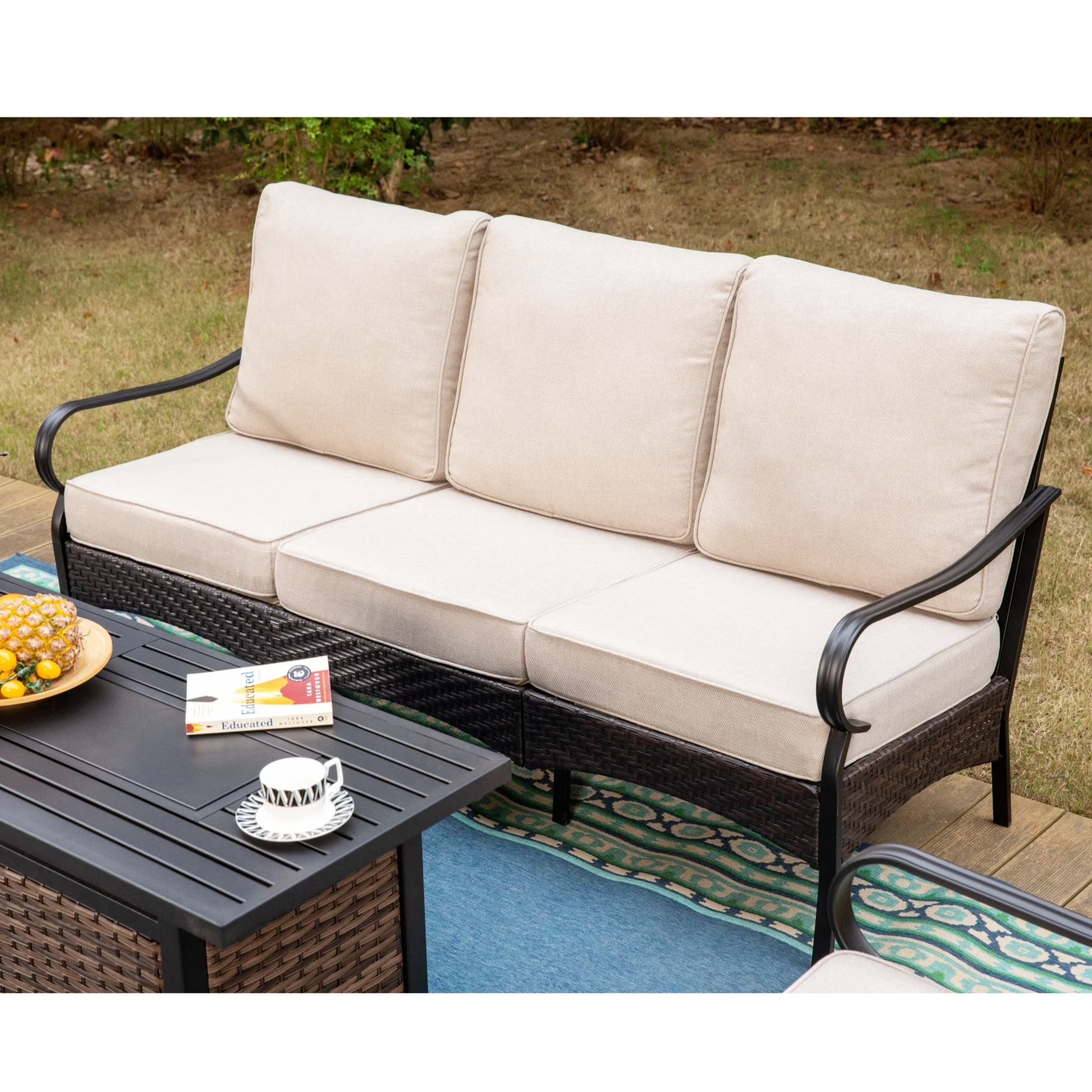 9-Seat Outdoor Patio Furniture Set with 56” Fire Pit Table, Patio Fire Pit Set with Rocking Chairs & Ottomans, 8-Piece Outdoor Conversation Set, Beige