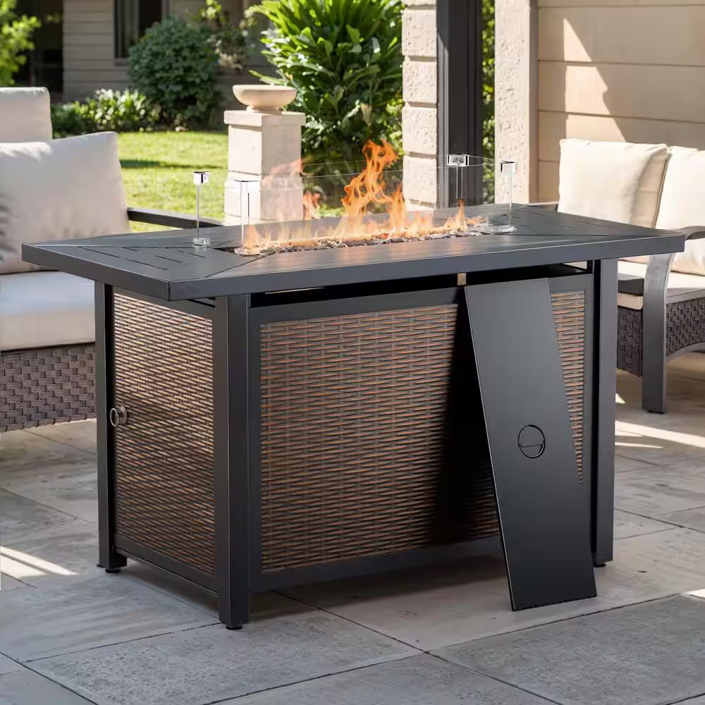 Pure Iron Series 43 In. 50000 BTU Square Brown Rattan Propane Outdoor Fire Pit Table with Windshield