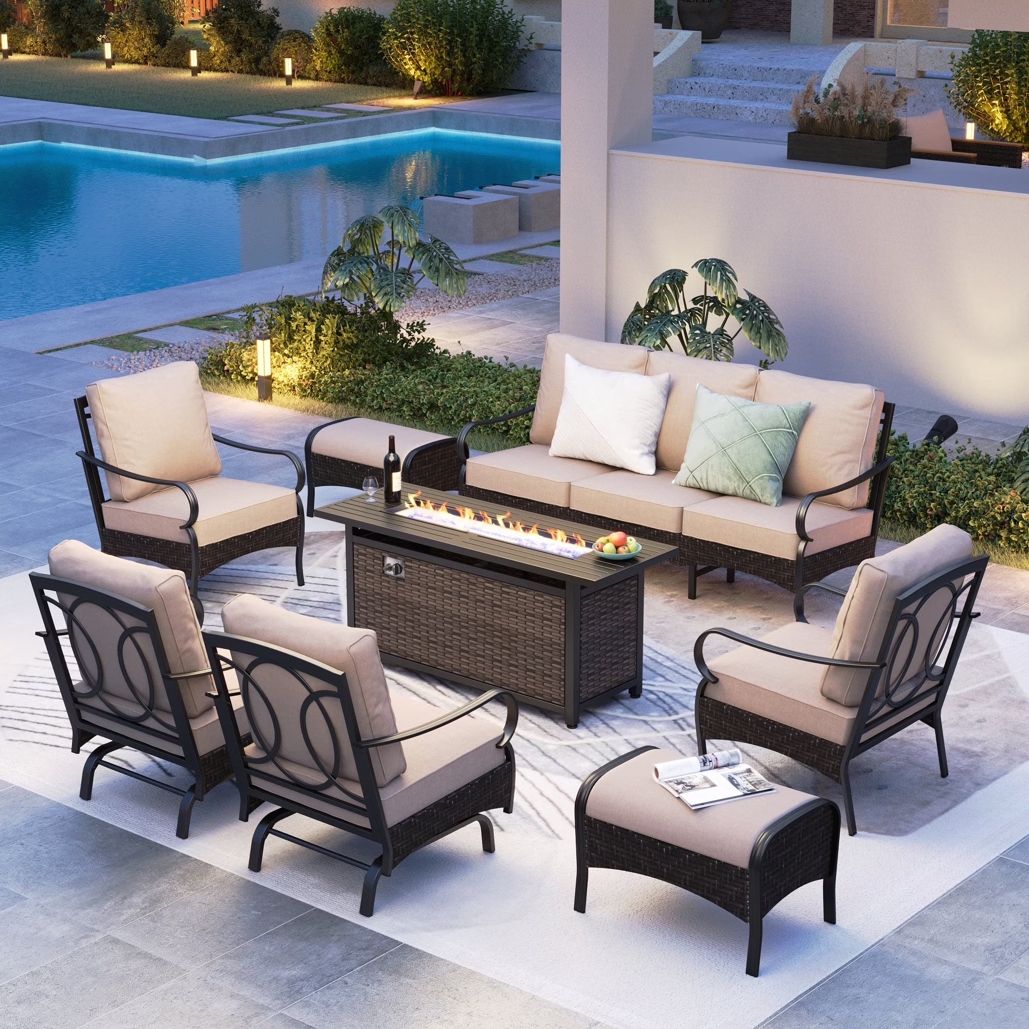 9-Seat Outdoor Patio Furniture Set with 56” Fire Pit Table, Patio Fire Pit Set with Rocking Chairs & Ottomans, 8-Piece Outdoor Conversation Set, Beige