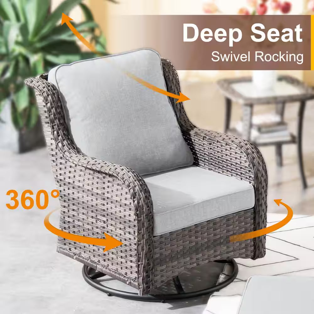 Moonlight Gray 6-Piece Wicker Patio Conversation Seating Sofa Set with Gray Cushions and Swivel Rocking Chairs