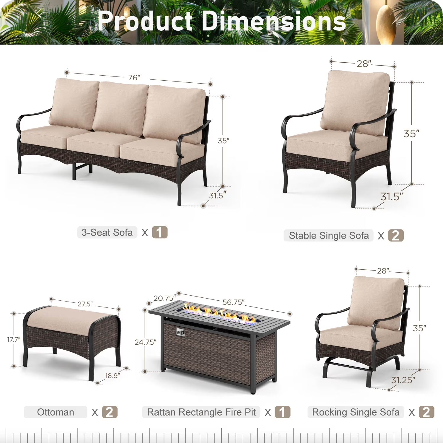 9-Seat Outdoor Patio Furniture Set with 56” Fire Pit Table, Patio Fire Pit Set with Rocking Chairs & Ottomans, 8-Piece Outdoor Conversation Set, Beige