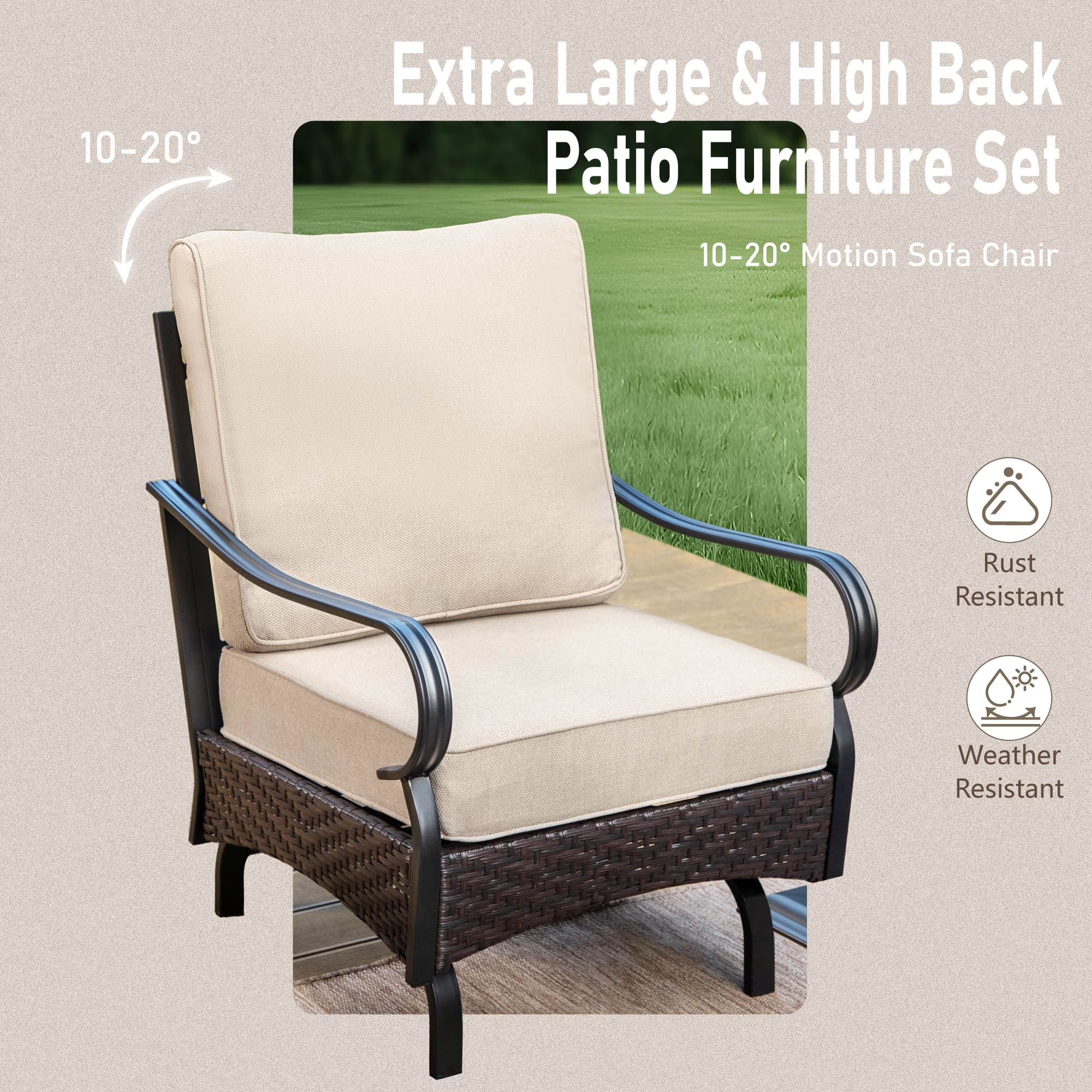 9-Seat Outdoor Patio Furniture Set with 56” Fire Pit Table, Patio Fire Pit Set with Rocking Chairs & Ottomans, 8-Piece Outdoor Conversation Set, Beige