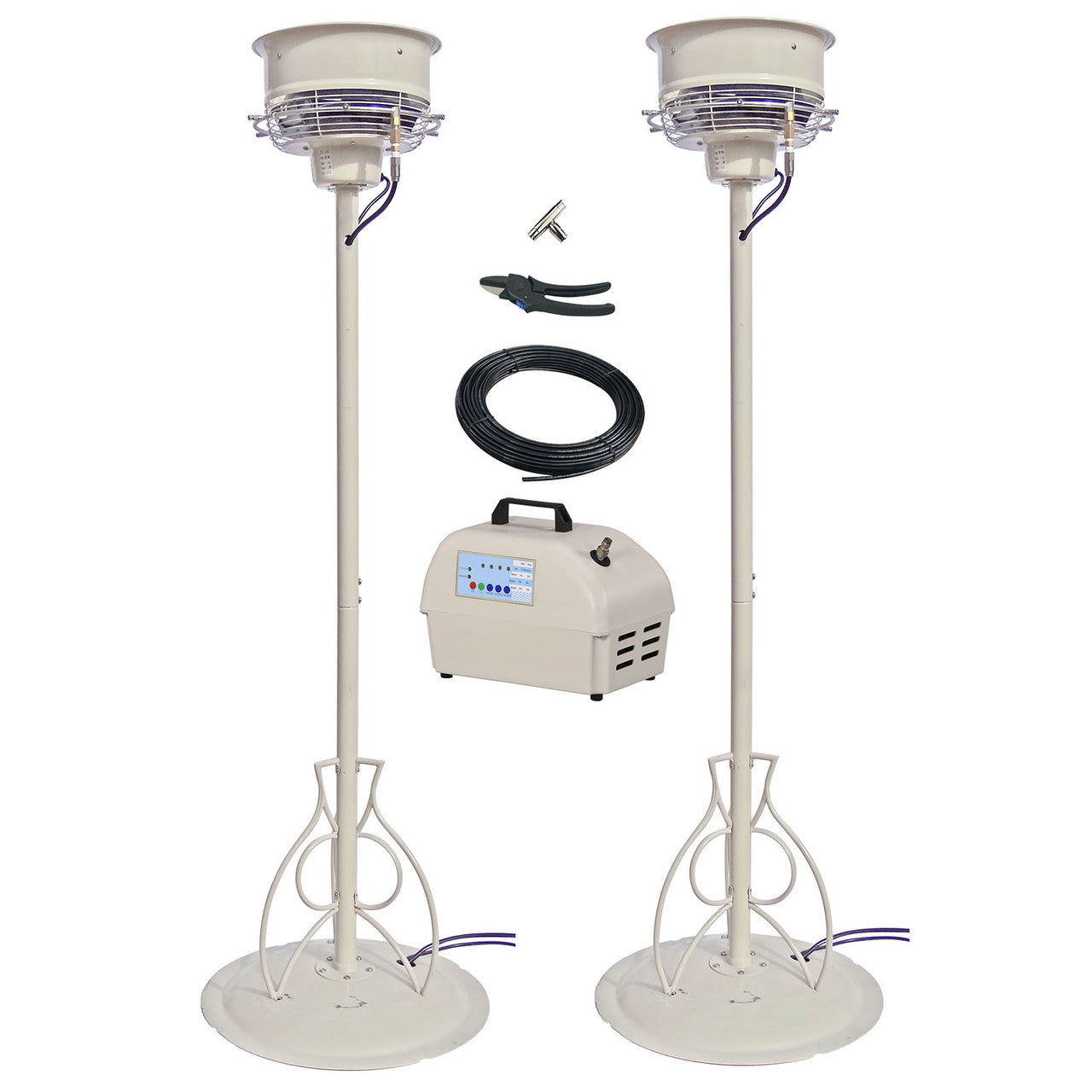HydroMist USA 2 Pedestal CentraMist Fans with 15 Nozzle Pump Package - White