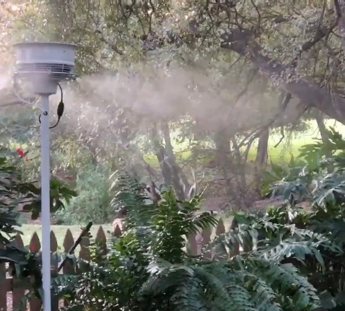 HydroMist USA 2 Pedestal CentraMist Fans with 15 Nozzle Pump Package - White